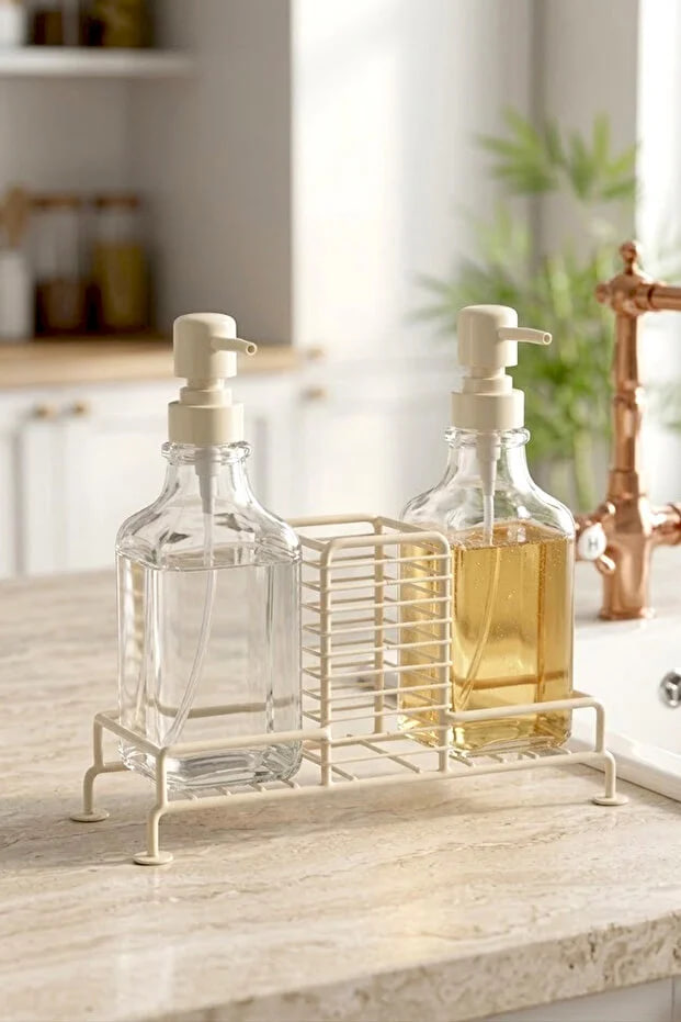 Kitchen Life 2-Piece Countertop Soap Dispenser with Metal Stand and Sponge Container 500 ml - Kitchen Bathroom Sink Side Soap Dispenser Set