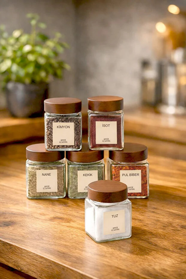 Kitchen Life 6-Piece Acacia Lid Square Glass Spice Jar Set / 12-Piece Label Gift Set / 6-Piece Spice Jar Set